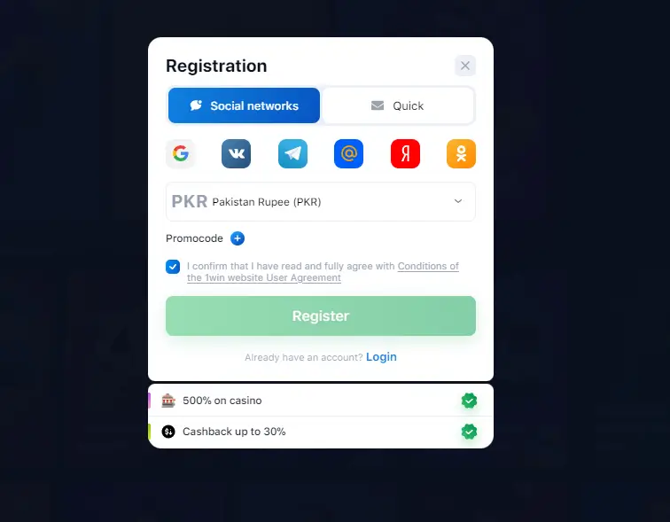 سوشل میڈیا کے ذریعے 1win رجسٹریشن