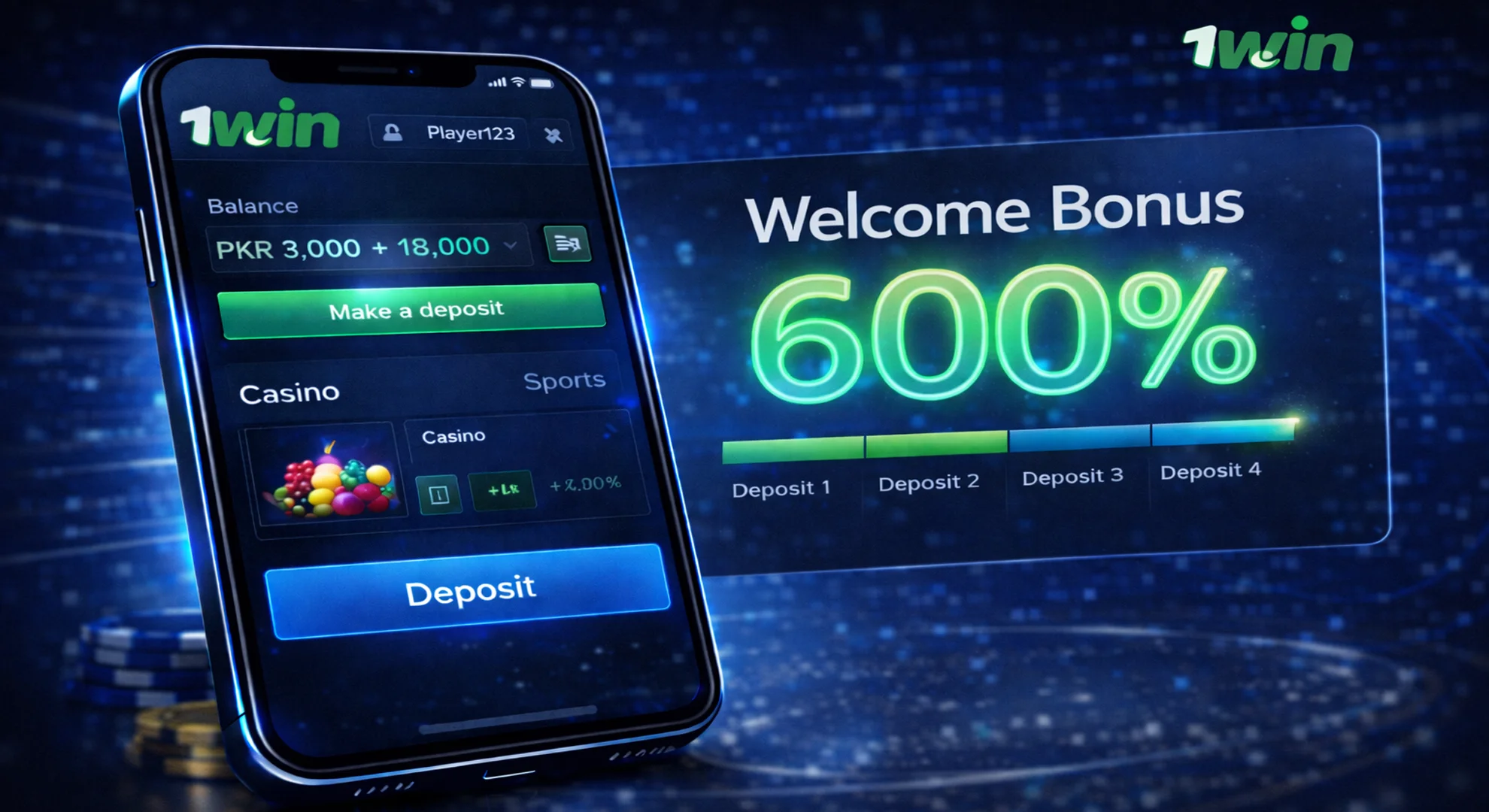 1win 600 percent welcome bonus for bookmaker and online casino in Pakistan