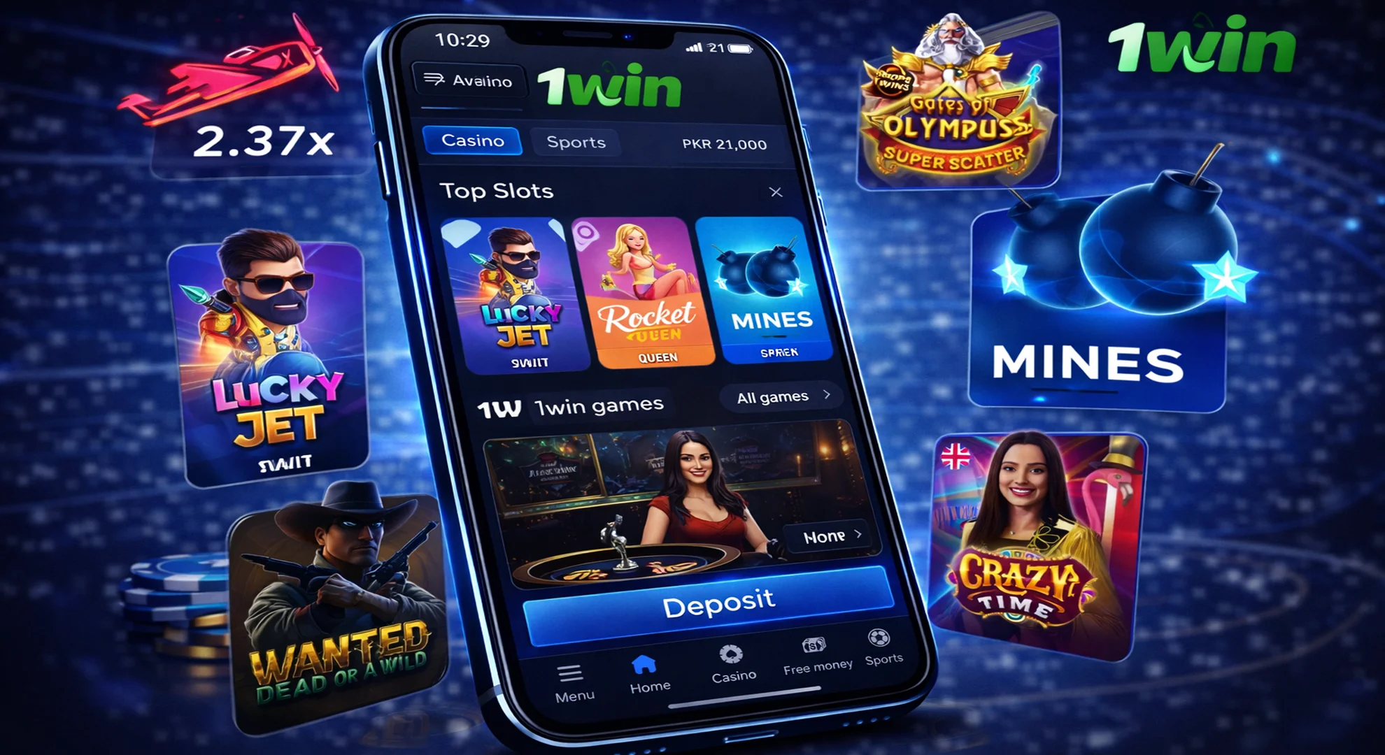 1win casino section with slots live dealers and crash games on mobile in Pakistan