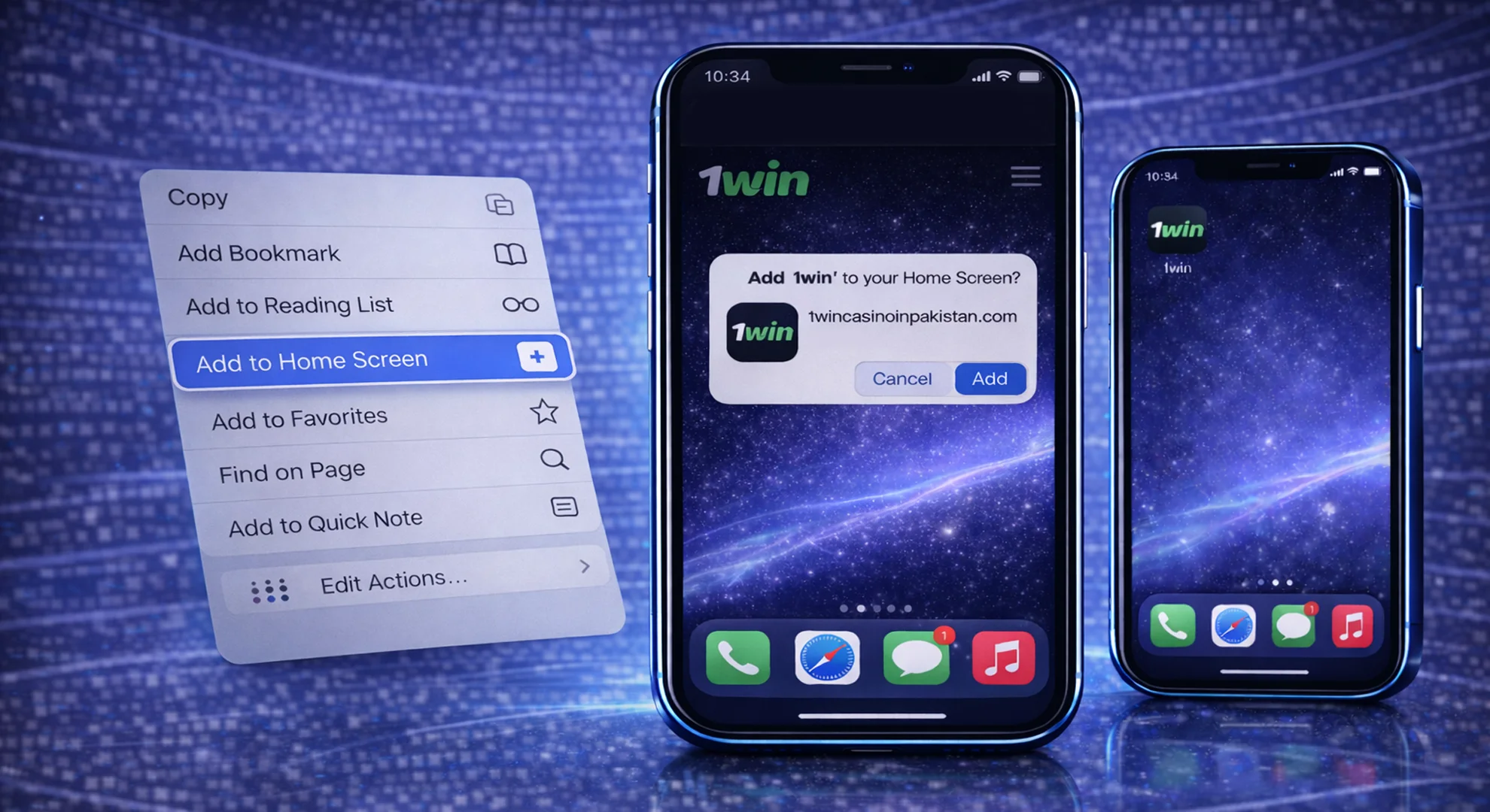 iPhone с меню Safari “Add to Home Screen”, окно подтверждения установки PWA 1win, появление иконки 1win на главном экране iOS