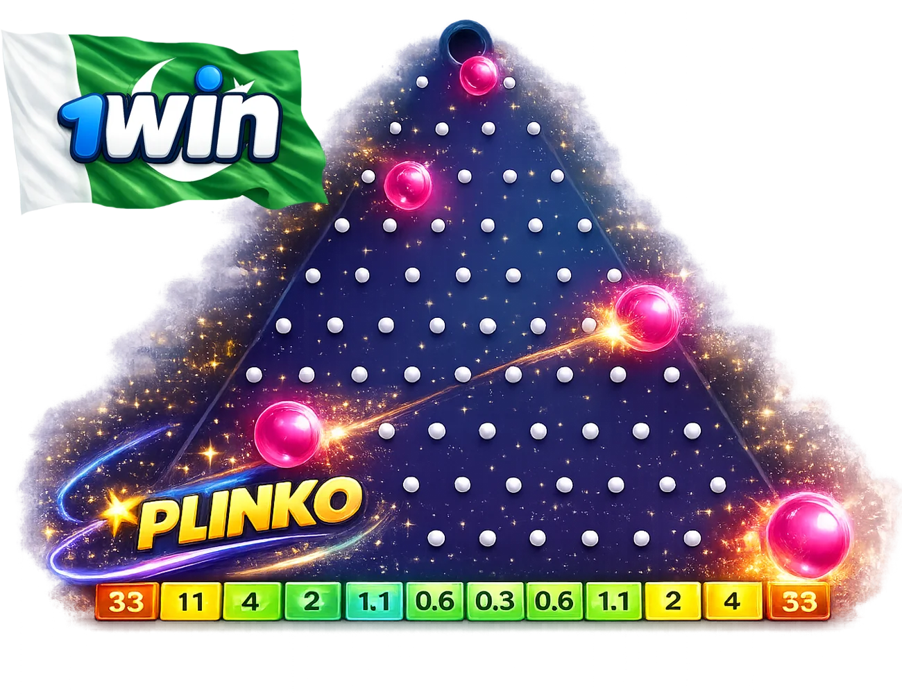 1win Plinko game in Pakistan 2026 - pink ball dropping through the pyramid with high multipliers