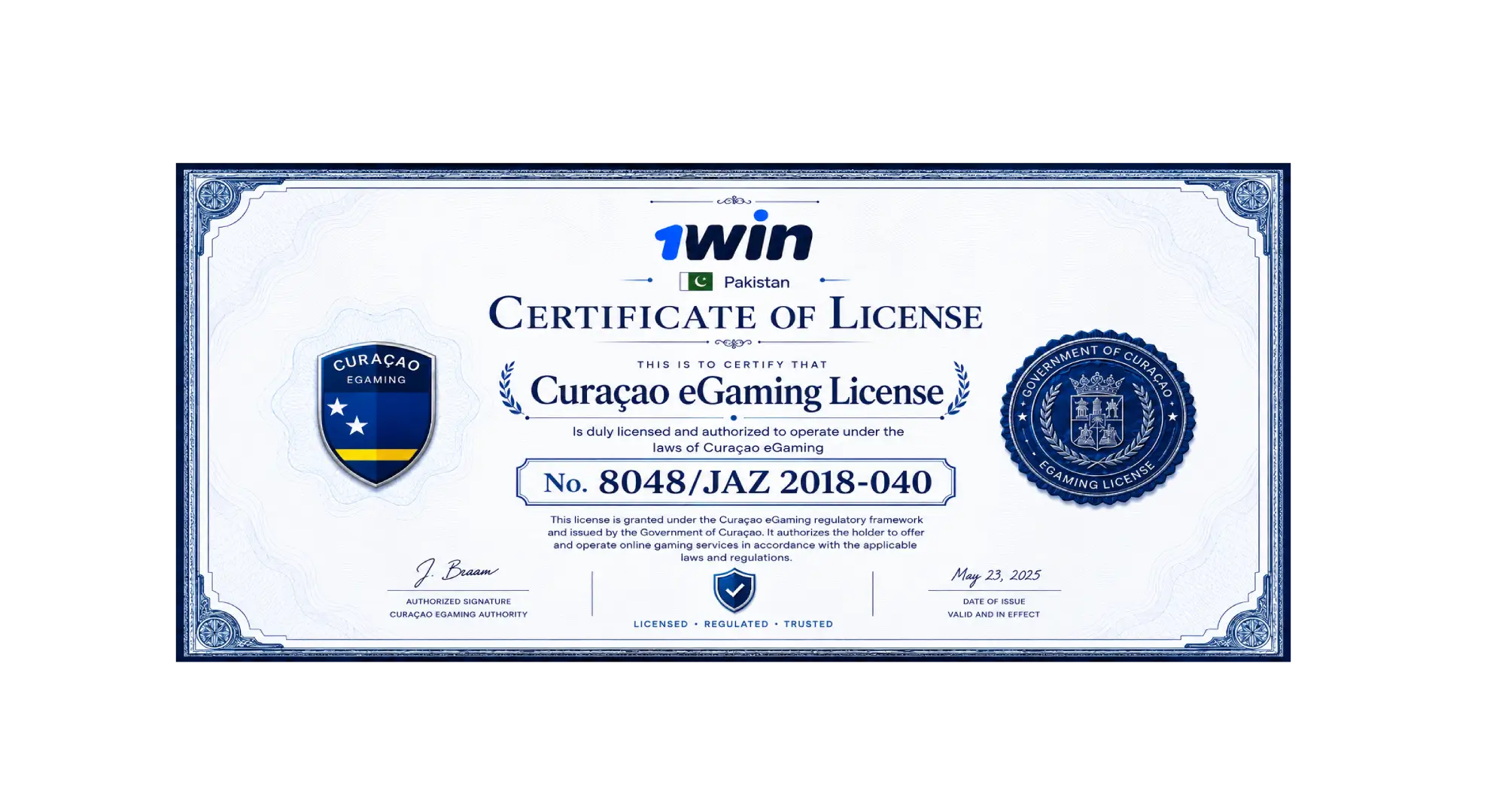 1win Pakistan Curacao eGaming certificate of license confirming the legal status of the online casino and betting platform