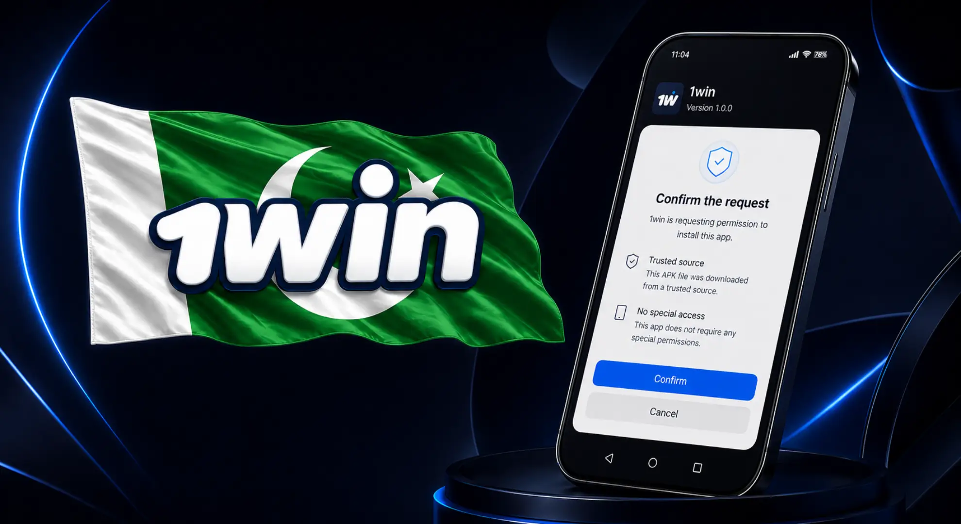 Confirm 1win APK file download on Android smartphone