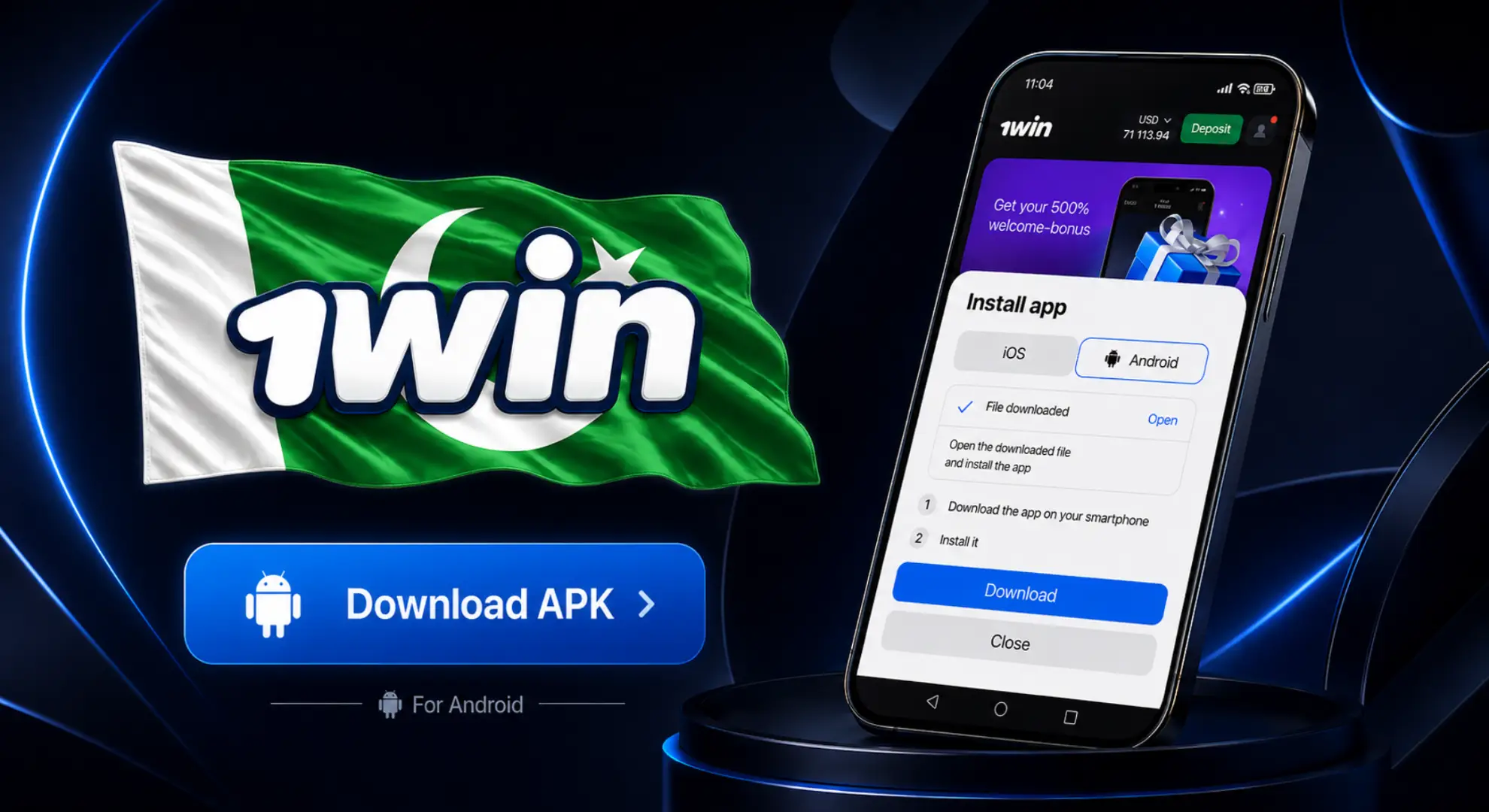 1win APK download button for Android devices in Pakistan